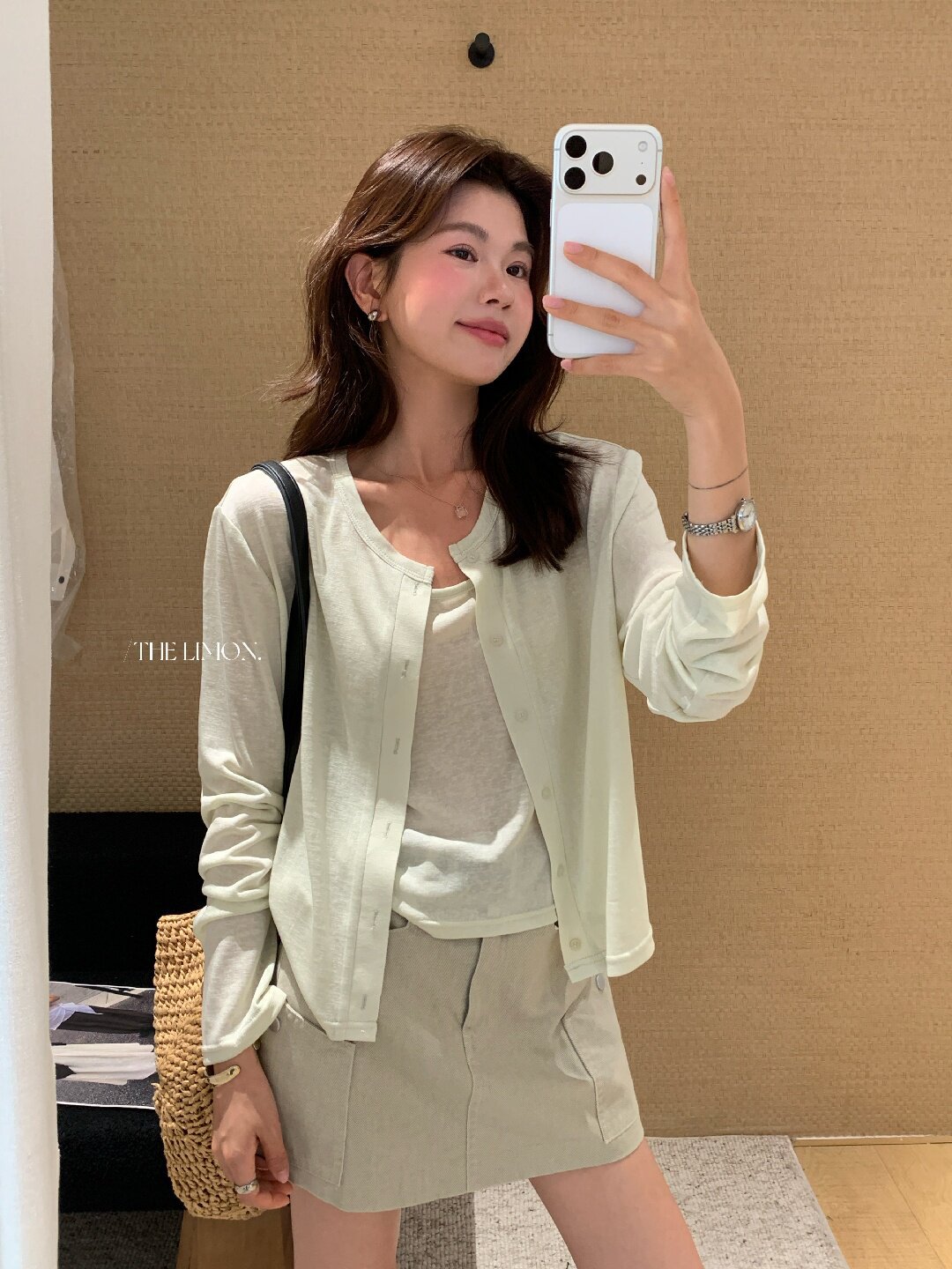 Bộ cardigan len mỏng kèm áo hai dây hai mảnh nữ mùa hè — Xám cacbon, xanh lam, màu hồng, Đậu xanh chi tiết 27