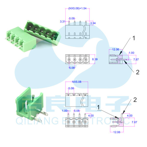 Terminal block KF2EDG-5.08/5.0mm pitch plug-in green terminal 2p-24p straight pin/curved pin