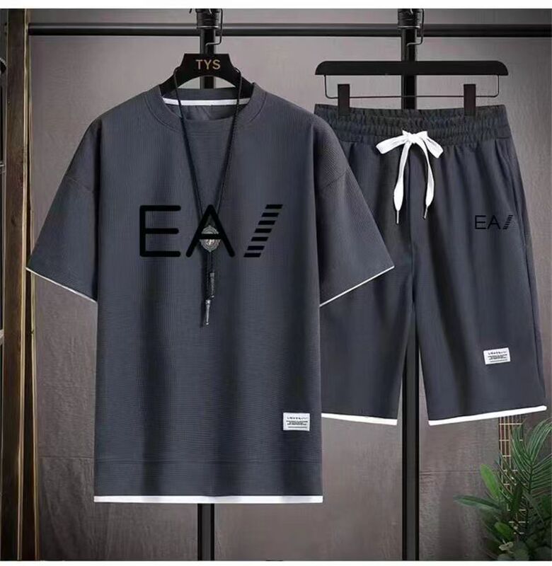 ワッフル半袖夏の Tシャツメンズカジュアルスポーツスーツ卸売ルーズフェイクツーピース半袖 Tシャツツーピースセット|undefined
