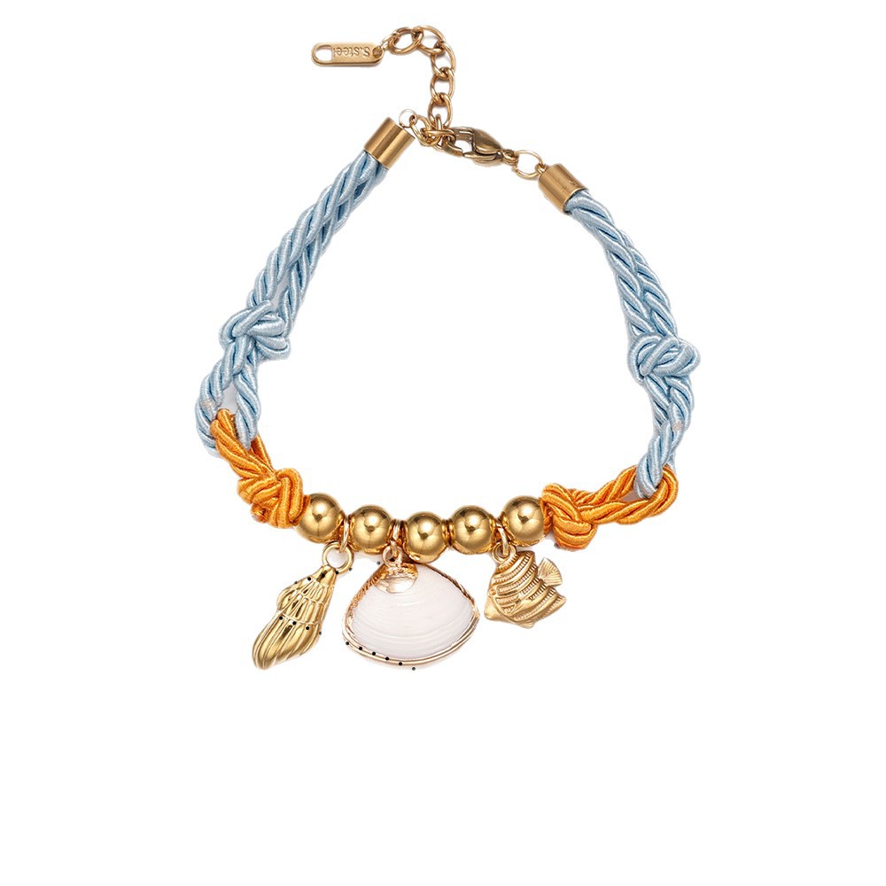 Tena pulsera de acero inoxidable europea y americana, lujo ligero, sensación de alta calidad, estilo de playa, flor de concha, pulsera tejida de concha, joyería femenina