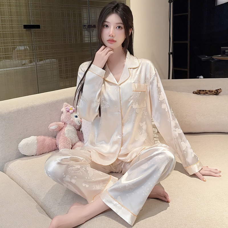 Cross-Border Ice Silk Long-Sleeve Long-Pants Korean-Style Girl's Pajamas with Butterfly Jacquard, Exquisite Women's Loungewear, High Aesthetic Value, Real Photos Cross-Border Ice Silk Long-Sleeve Long-Pants Korean-Style Girl's Pajamas with Butterfly Jacquard, Exquisite Women's Loungewear, High Aesthetic Value, Real Photos