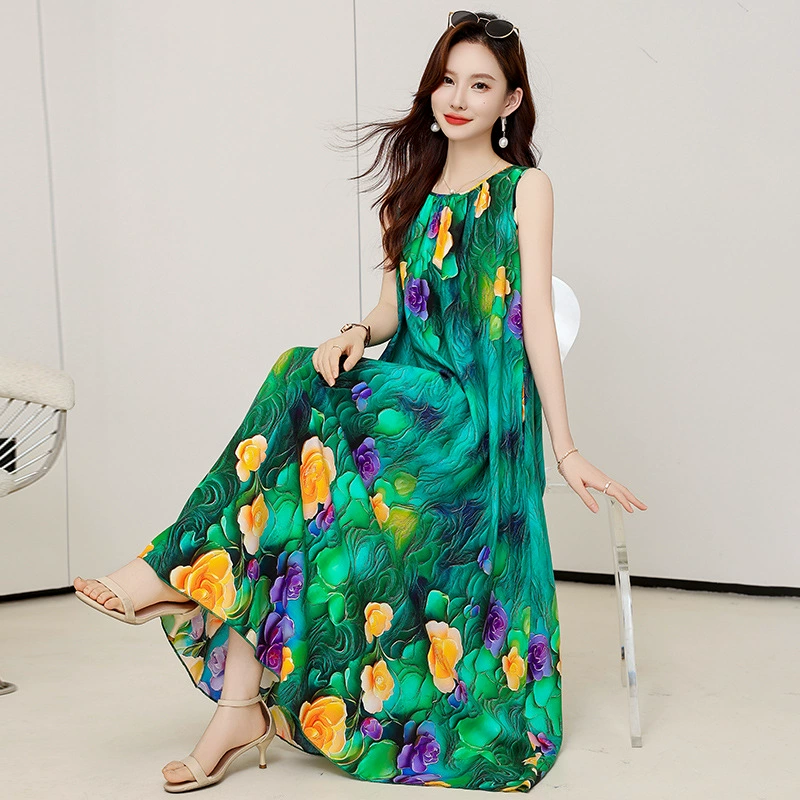 Мамино хлопково-шелковое платье, женское летнее высококачественное платье в иностранном стиле, большого размера, уменьшающее возраст, новая юбка в китайском стиле для отдыха на море