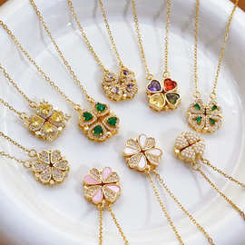 项链女新款一款两戴心连心开合四叶花项链时尚爱心折叠锁骨链批发