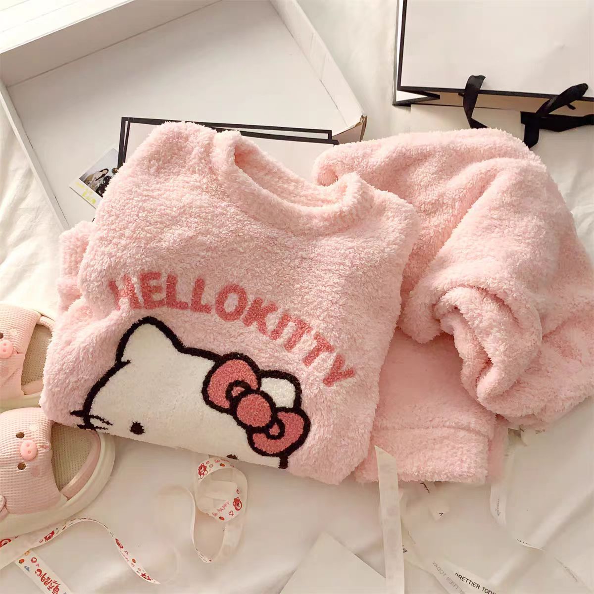 新款半边绒睡衣女冬季可爱珊瑚绒加绒加厚法兰绒秋冬套装家居服款