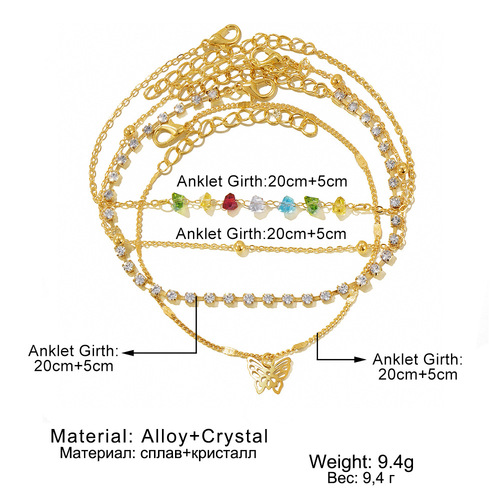 Korean-style Jewelry on AliExpress: Hot-selling 4-Piece Set of Retro Colorful Rhinestone Butterfly Multi-layer Anklets—Perfect Beach Foot Accessories for Europe and America