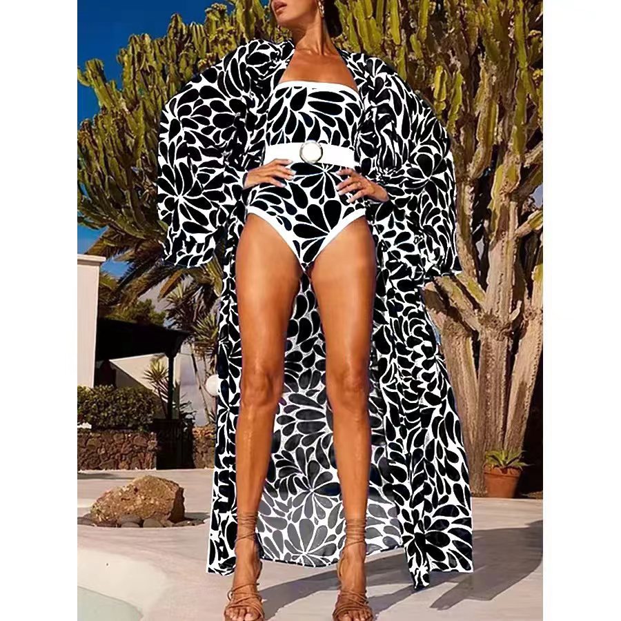 Women's Style Long Sleeve One Piece Swimsuit Printed Cover Up French Retro Fashion Swimwear_voghion.com