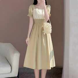 夏季新款裙子夏女法式设计感小众温柔长款气质收腰显瘦撞色连衣裙