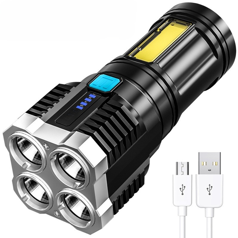 Transfronterizo 4 granos de la lámpara LED multifunción linterna de luz fuerte COB luz lateral al aire libre portátil del hogar USB linterna recargable