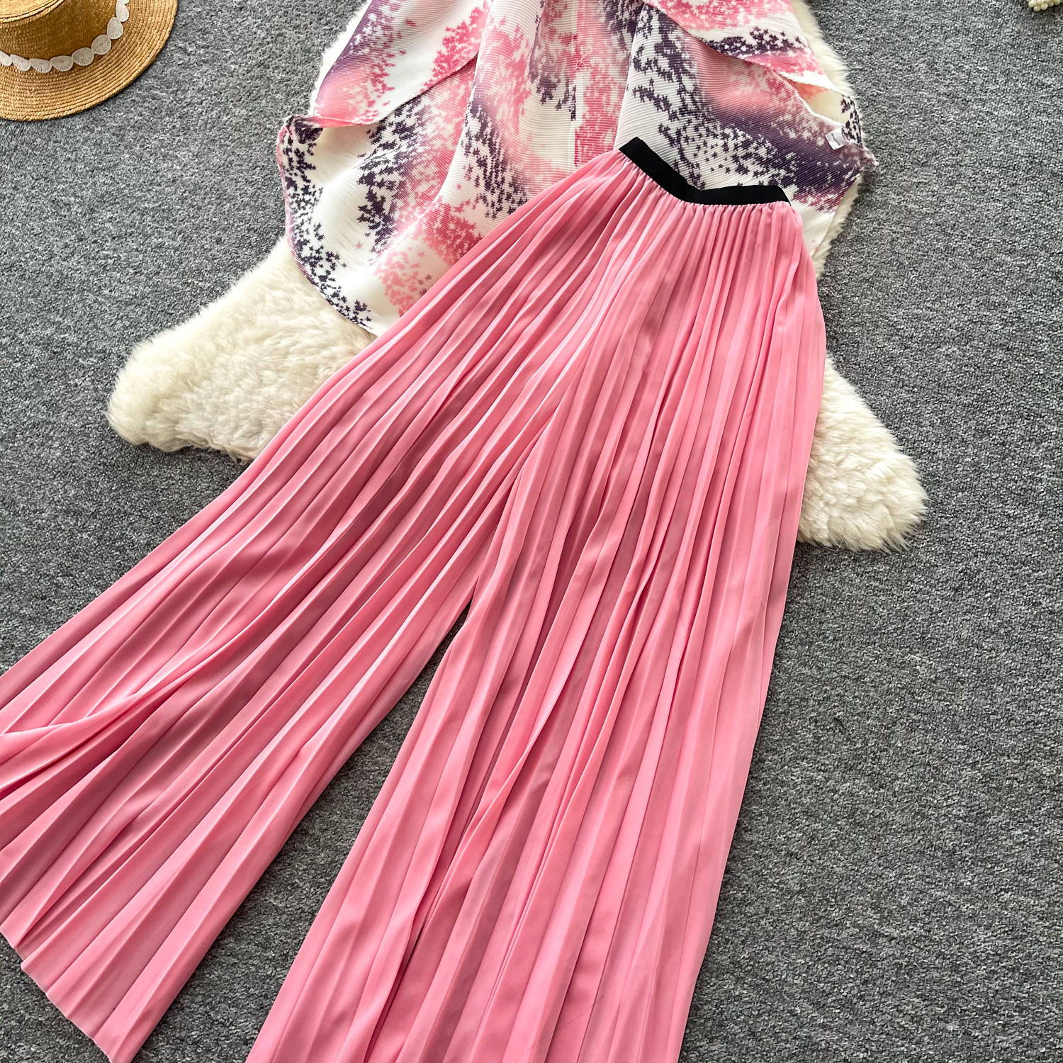 Women's Clothing Two Piece Set Three Quarter Sleeve Top And High Waisted Pleated Wide Leg Casual Pants Slimming Effect For Autumn_ecoleips.com