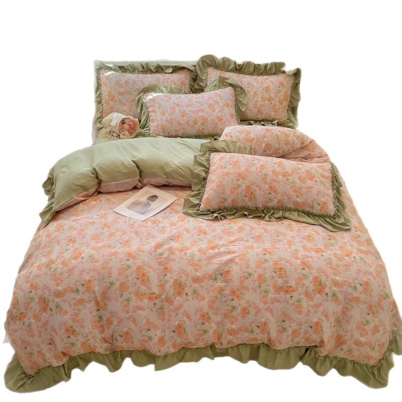 Nordic French Vintage Boho Floreale Arancione~French Retro Estetica Stile Campagna Lavato Doppio Strato Gauge Pizzo Copripiumino, Lenzuolo e Calzato_voghion.com