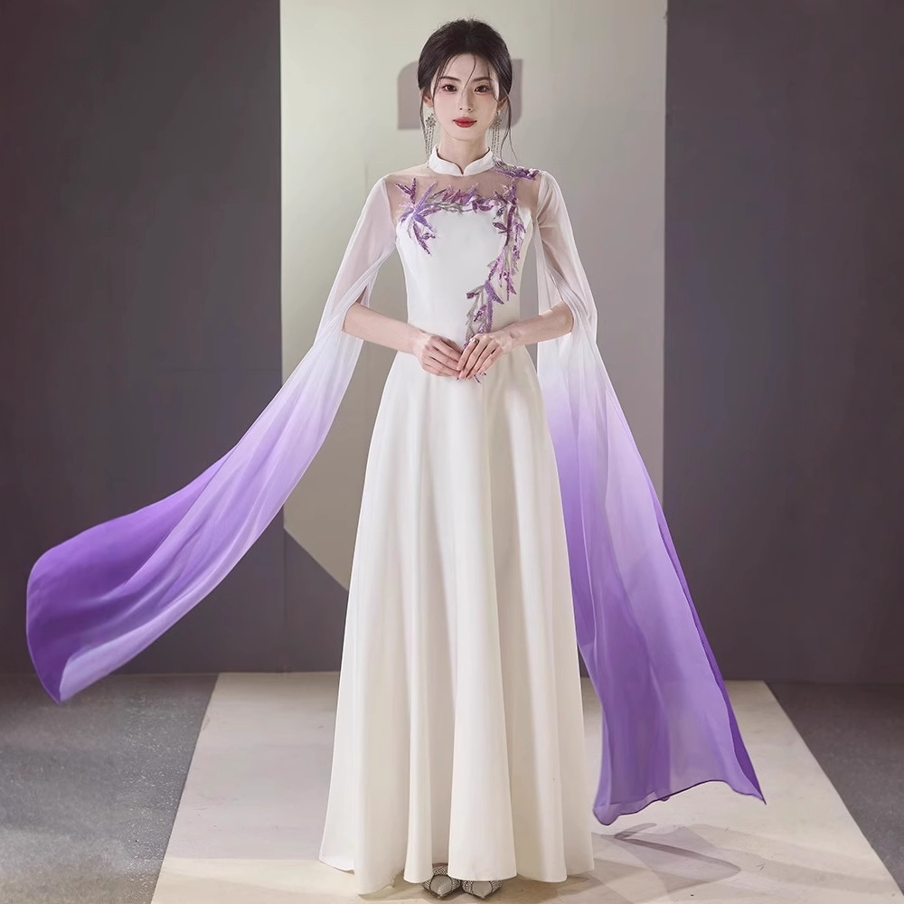 Chinese Style Guzheng Performance Dress for Women, Long Purple Gradient Dress for Adult Choir, Pipa, and Traditional Music Performance Exam