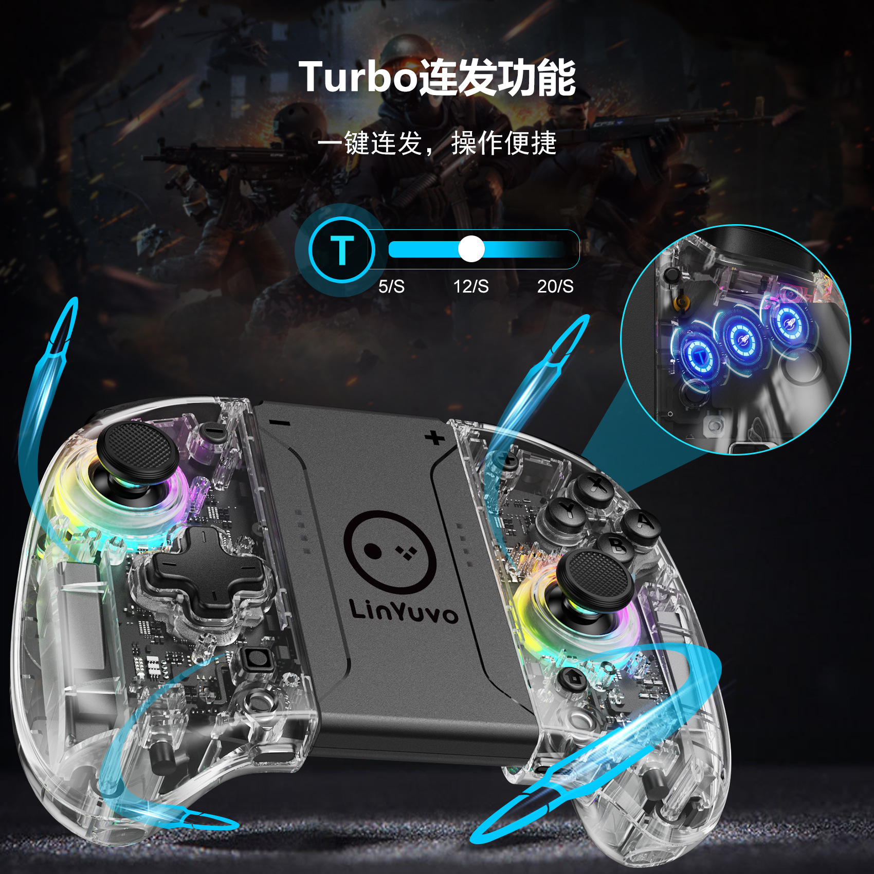 LinYuvo Joint Tour interruptor alegría con Bluetooth mango colorido RGB colorido luz macro función izquierda y derecha mango