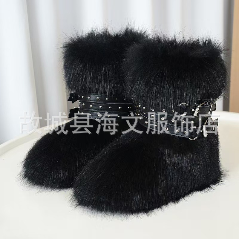 新款炸街辣妹厚底雪地靴Y2K朋克仿毛靴子铆钉靴显瘦暗黑系绑带靴|undefined