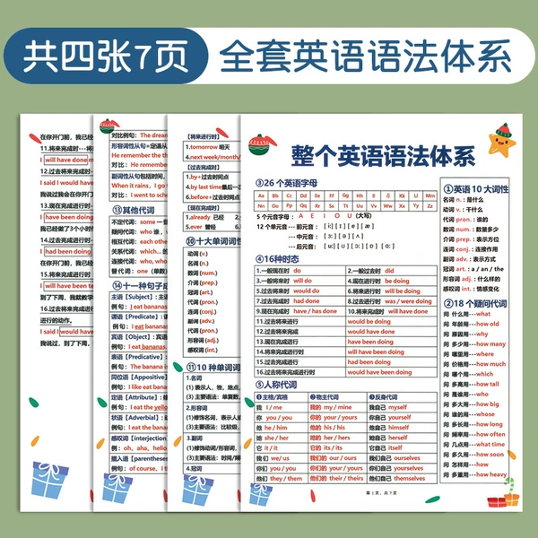 English Grammar System 4 sheets and 7 pages [Waterproof and Antifouling]