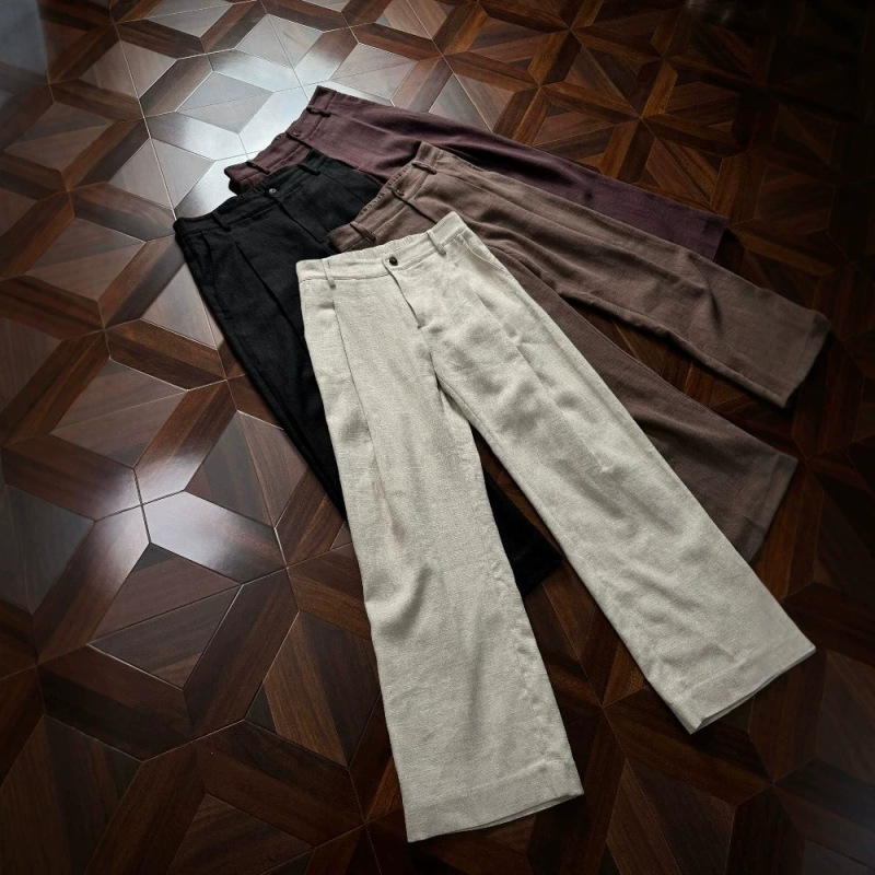 High-End 70% Custom-Made Linen A-Line Trousers with Three-Dimensional Pleated Tailoring, Fully Lined, Luxurious and Refined High-End 70% Custom-Made Linen A-Line Trousers with Three-Dimensional Pleated Tailoring, Fully Lined, Luxurious and Refined