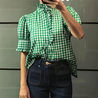 春夏新款复古格子衬衫女翻领泡泡袖短袖上衣美式休闲时尚显瘦衬衣