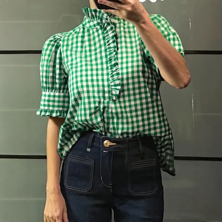 Spring and Summer New Retro Plaid Shirt Women's Lapel Puff Sleeve Short-Sleeved Top American Casual Fashion Slim Shirt