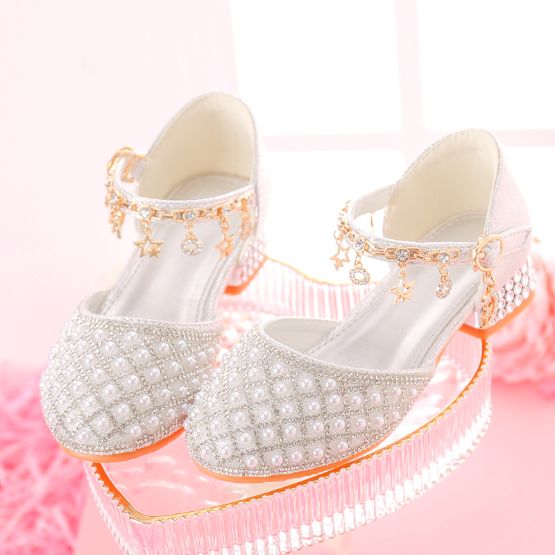 Princess Shoes Girls' Crystal High-heeled Sequins Rhinestone Toe Leather Shoes Women's Children's Little Girl's Dress Show