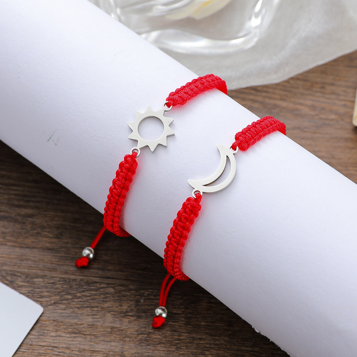 New Stainless Steel Sun And Moon Braided Red Rope Couple Bracelet Card Bracelet display picture 3