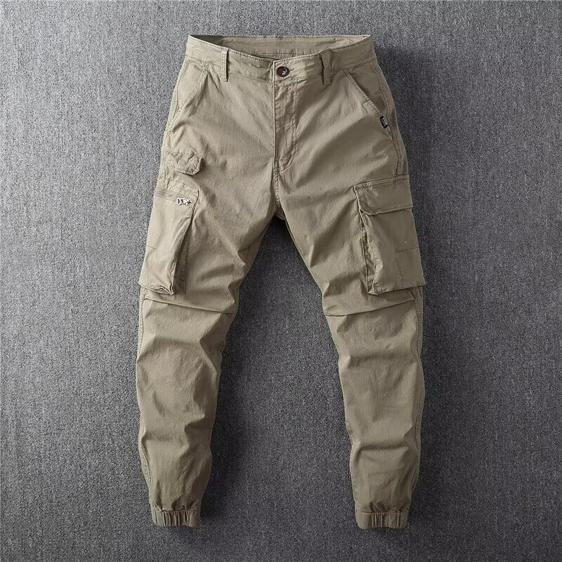Men's Thin Work Pants, High-End Retro Slim Fit, Cuffed, Multi-Pocket Casual Long Pants, Tapered Jogger Pants, Trendy Summer Pants