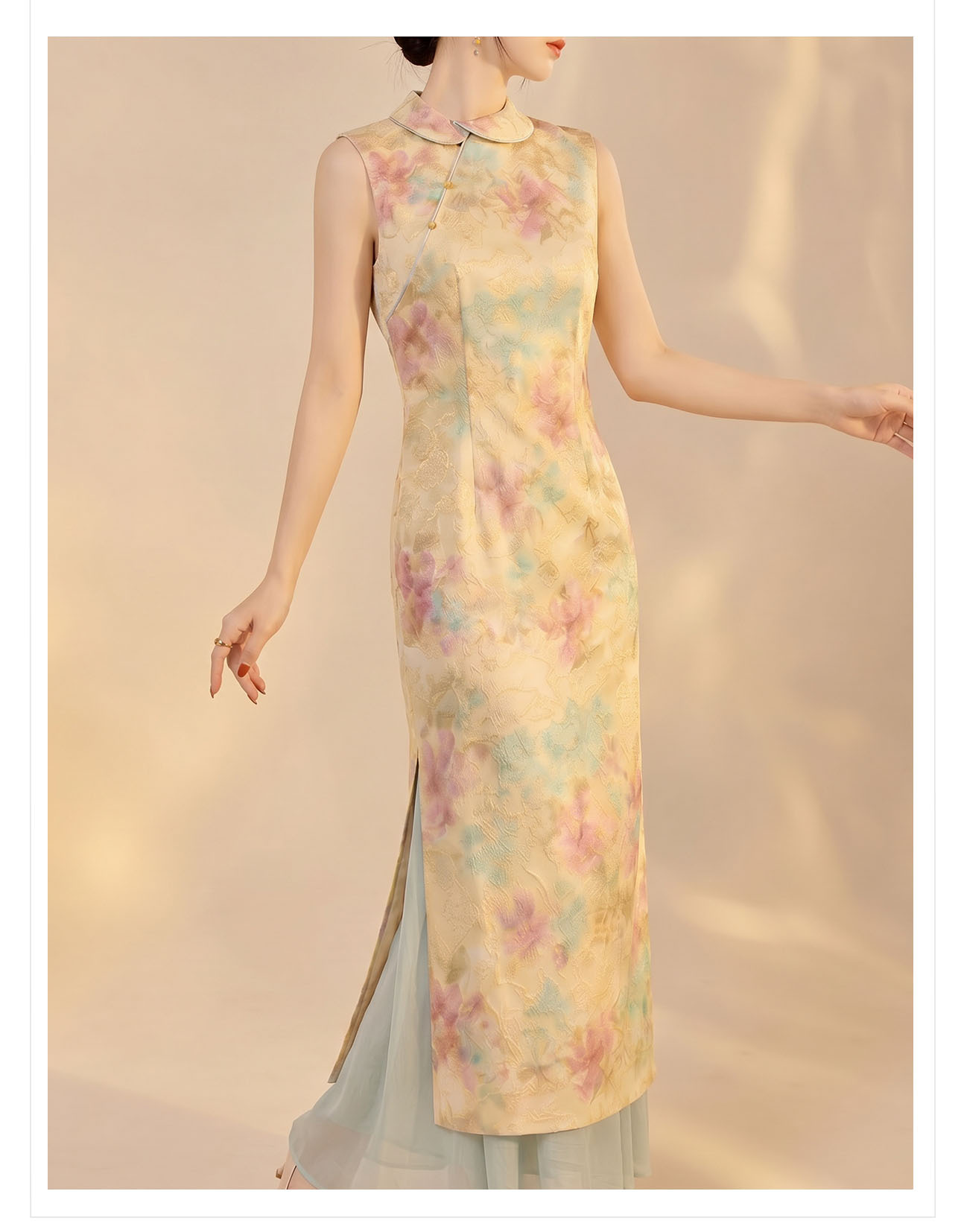 Đầm maxi sườn xám cải tiến tay áo ve áo in hoa xẻ tà — màu vàng chi tiết 14
