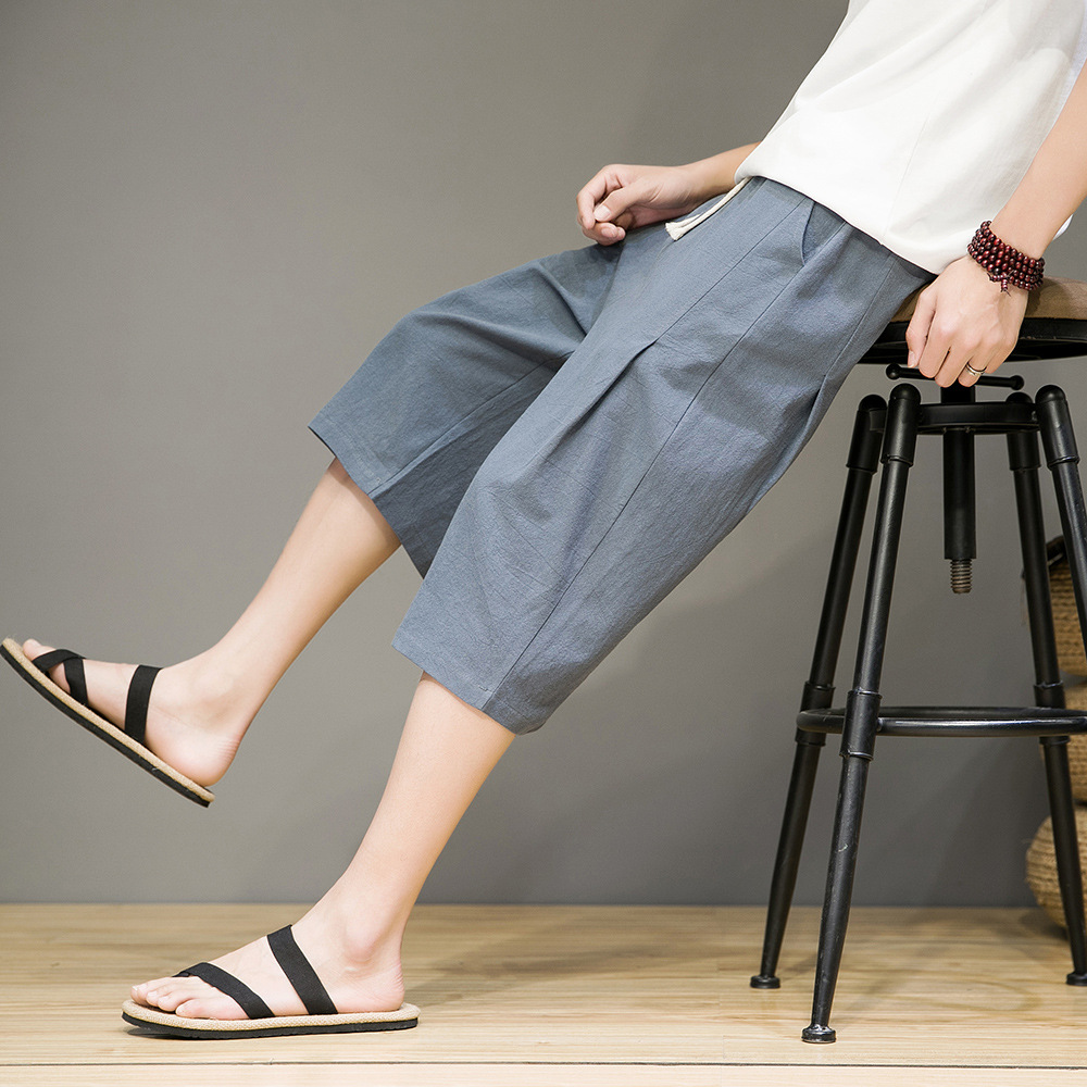 2025 Summer New Men's Cotton and Linen Chinese Style Loose Harem Cropped Pants Japanese Style Plus Size Fashion Casual Straight Pants