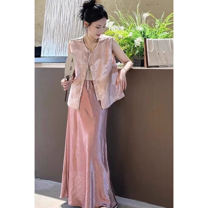 2025年夏服、ユニークで美しい新しい中国風ピンクジャカードベストとスカートの2点セット|undefined