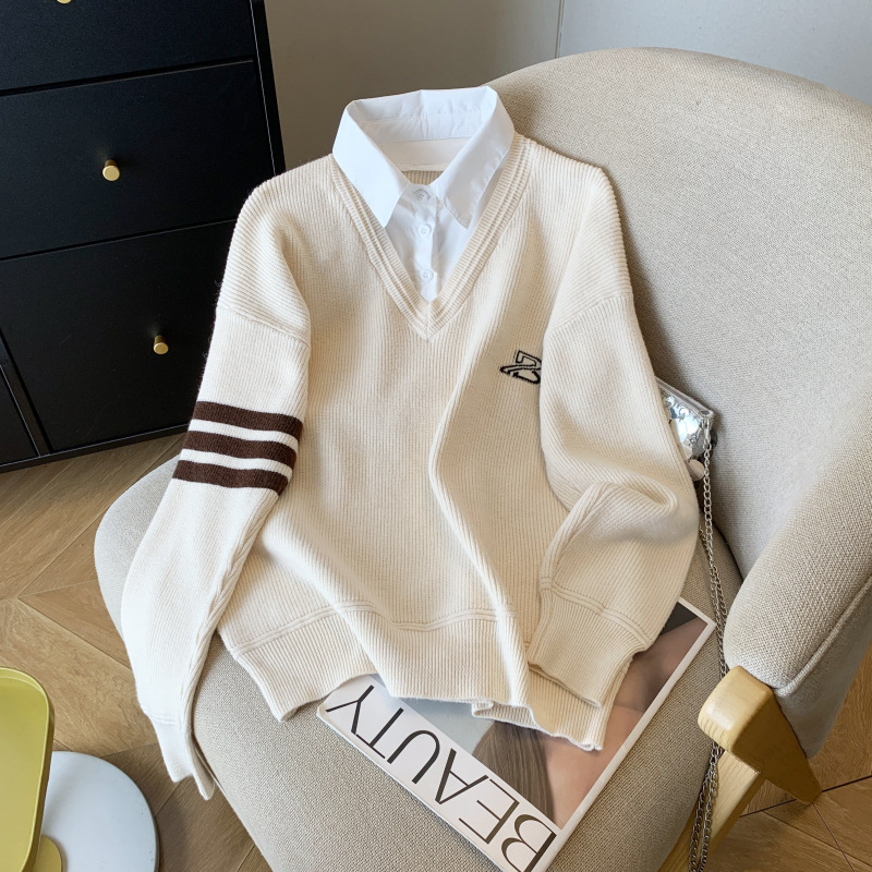 Real Shot of Ready-Made New Shirt Collar Fake Two-Piece Tops for Women, Fashionable and Stylish Lapel Knitted Splicing Bottoming Shirts