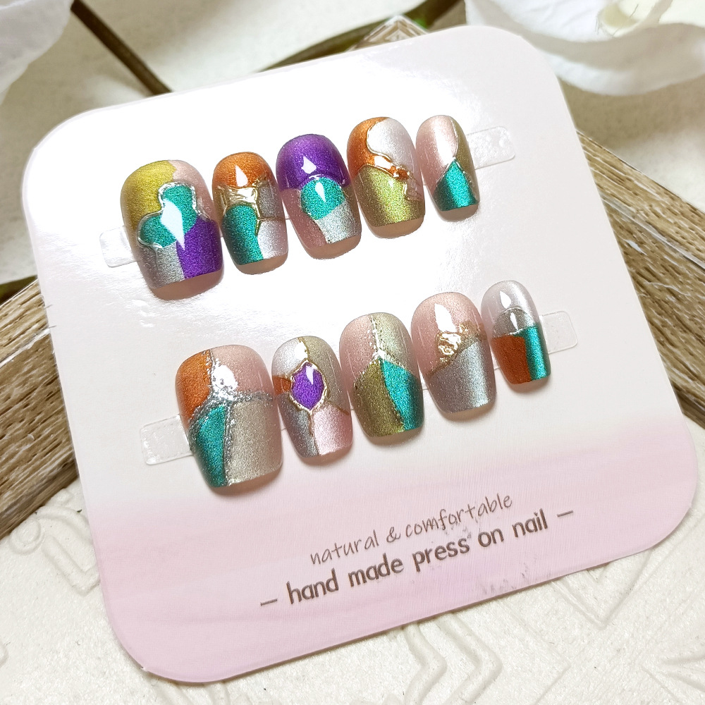 Tapa de uñas de impresión de cromancia retro, línea dorada, uñas de uñas de ojo de gato, 10 piezas de uñas portátiles hechas a mano