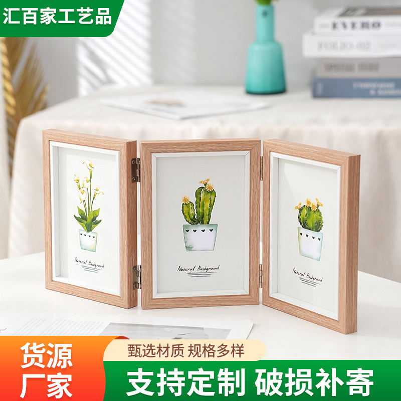 Triple Wooden Photo Frame Cross-Border Table 6inch 7inch Double-Sided Foldableing Photo Frame Two-Piece Four-Piece Conjoined Central Control Picture Frame