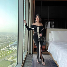 亚马逊独立站欧美高端女装露肩一字领撞色长袖开叉连衣裙绷带礼服