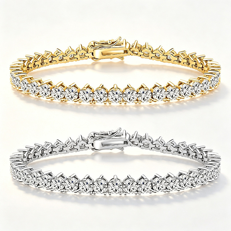 Cross-Border Popular Three-Claw Tennis Bracelet for Women, Copper Plated with Real Gold, Color-Preserving, High-Quality Zircon Inlaid Bracelet, Manufacturer in Stock
