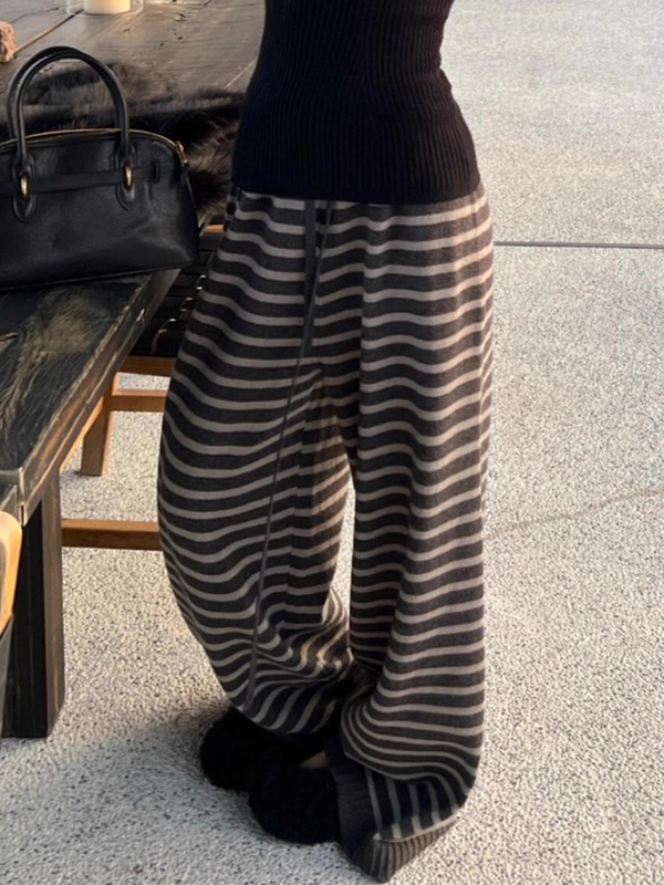 松弛感裤子宽松bf慵懒风休闲黑白条纹针织直筒阔腿裤女秋冬季|undefined