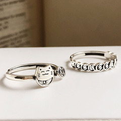 s925純銀錢多多招財貓戒指女小眾設計時尚輕奢精緻個性開口冷淡風