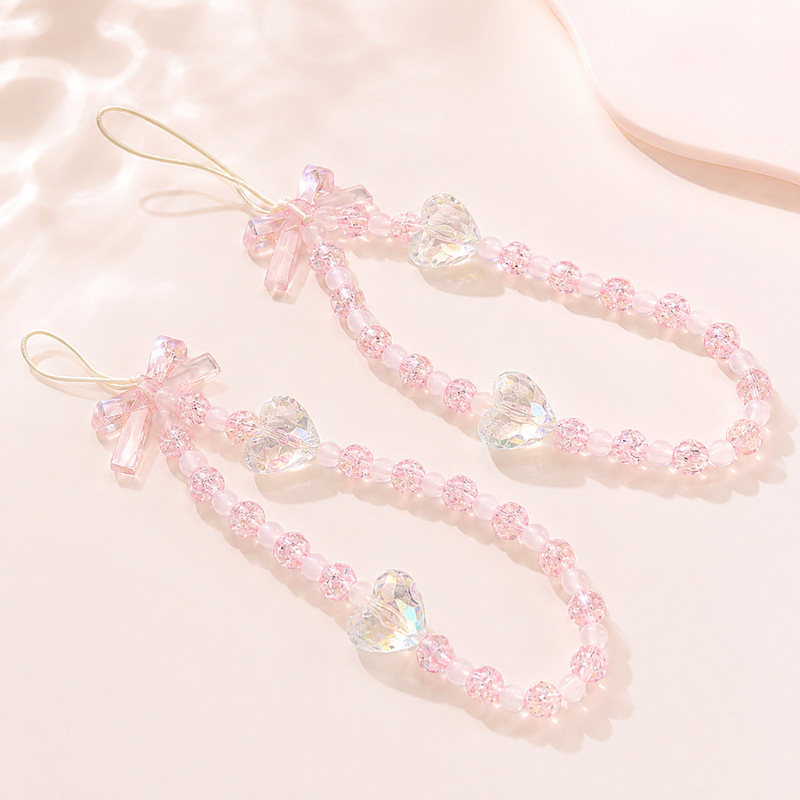 Sweet Girl Pink Transparent Heart Bow Phone Strap, Girl's Crystal Beaded Lanyard, CCD Camera Bag Pendant Wholesale Sweet Girl Pink Transparent Heart Bow Phone Strap, Girl's Crystal Beaded Lanyard, CCD Camera Bag Pendant Wholesale