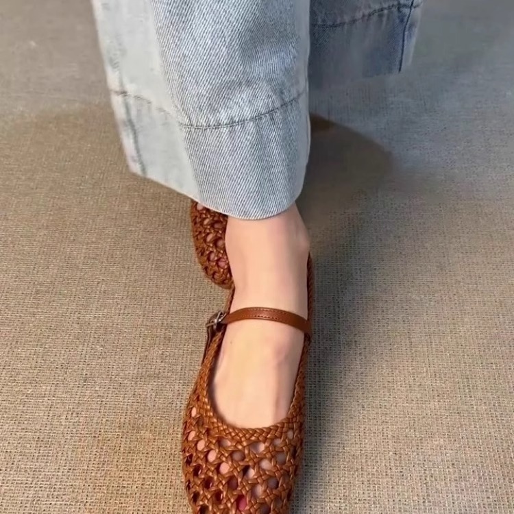 フレンチスタイルの中空織りフラットメッシュサンダル、女性用夏織りワンラインバックルストラップ浅い豚かご靴|undefined