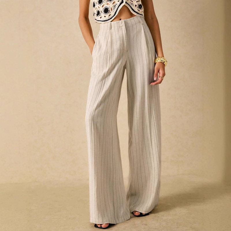 Cross-border European and American Cotton Linen Summer Thin High Waist Slimming Sag Amazon Casual All-match Linen Striped Wide Leg Women Cross-border European and American Cotton Linen Summer Thin High Waist Slimming Sag Amazon Casual All-match Linen Striped Wide Leg Women
