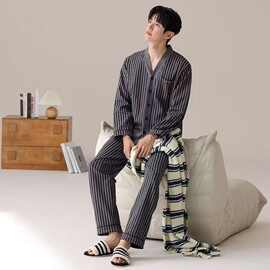 男士睡衣秋冬新款长袖v领宽松大码条纹开衫套装可外穿男款家居服
