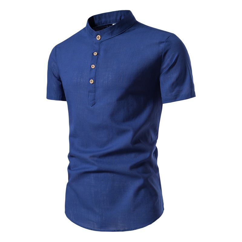 2023 caliente verano lino fino color sólido soporte collar hombres camisa casual manga corta comercio exterior camisa hombres M302