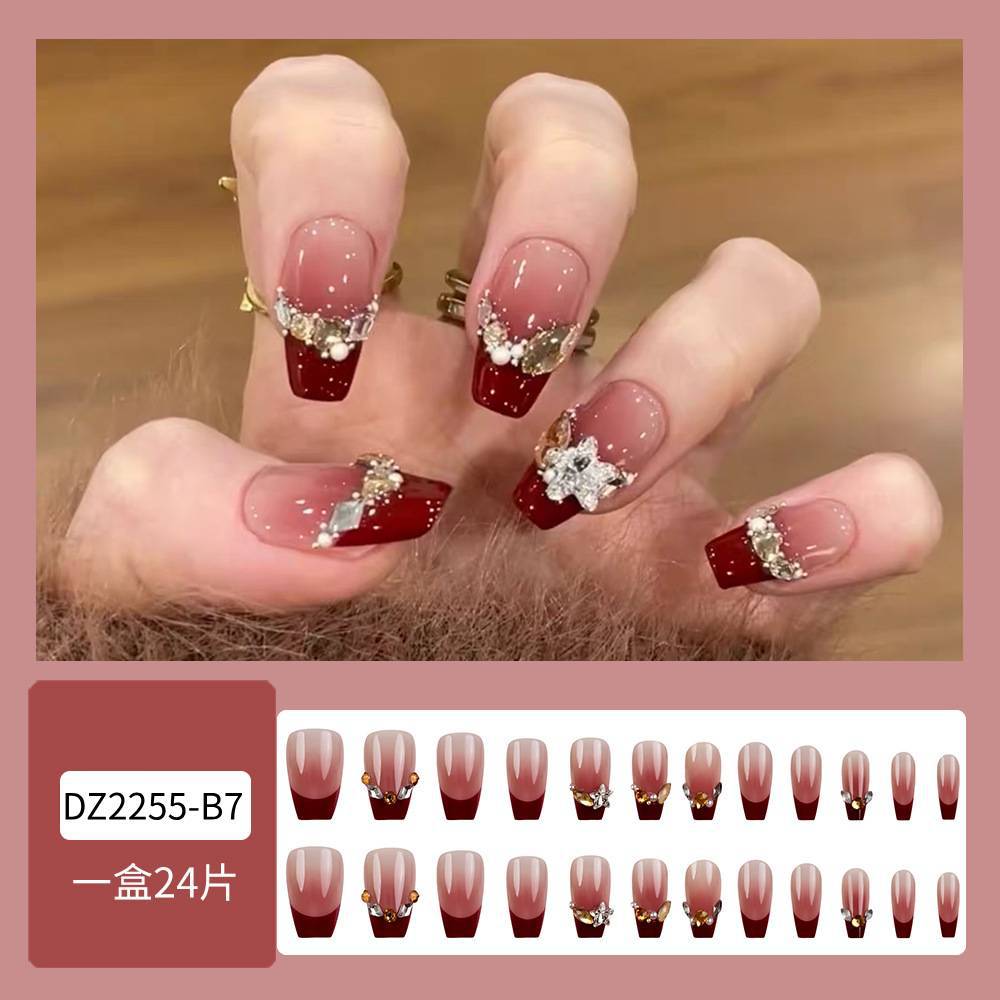 Polvo marrón gradiente de vino rojo de manicura francesa taladro de lujo ambiente ligero para usar un parche de uñas 24 piezas de parche de uñas