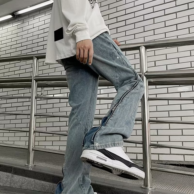American-style retro washed side spiral zipper high street jeans men and women slim fit slimming straight loose casual pants