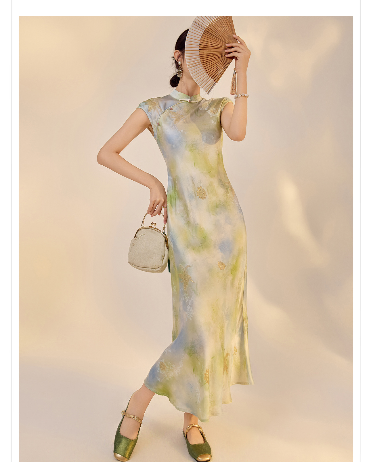 Váy Qipao cải tiến cao cấp phong cách Trung Quốc mới, in họa tiết tinh tế, cổ đứng ôm sát N5008 — Hiển thị màu xanh chi tiết 12
