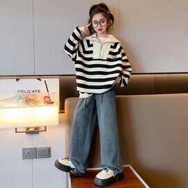 中大童时髦洋气百搭儿童韩版潮女童春秋款条纹卫衣牛仔裤秋季套装