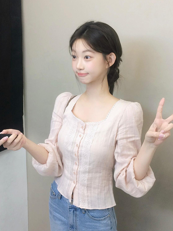 甜美风显瘦方领单排扣长袖上衣小衫女秋季新款复古文艺纯色衬衫女|undefined