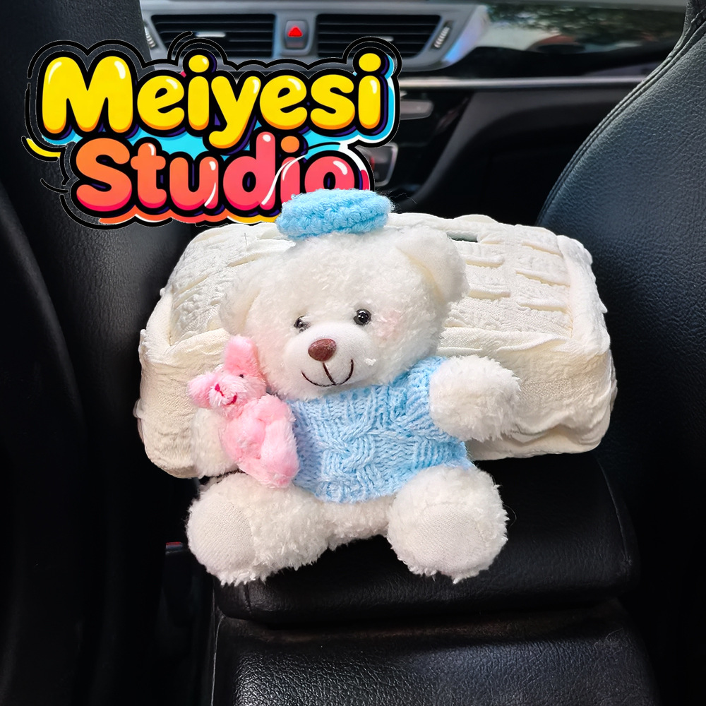 Caja de toallas de automóvil reposabrazos asiento de automóvil caja de dibujo de cartón decoración adorable oso caricatura en línea para mujeres image 3