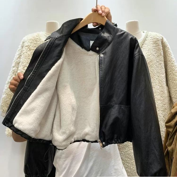 Korean Style Stand-Up Collar Plus Plush Lining Leather Jacket for Women Winter Handsome Drawstring Waist Motorcycle Jacket Thickeneded Warm Jacket