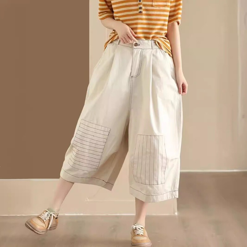 Qiqian Embroidered Cotton Wide-Leg Pants for Women, Semi-Elastic Waist, Structured Casual Pants, Plus-Size Loose Fit, Slimming Cropped Pants