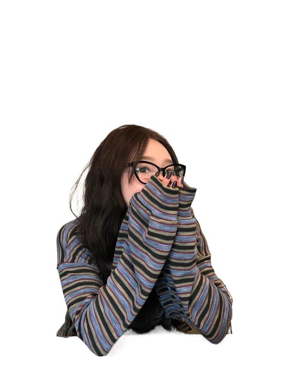 韩系慵懒设计感条纹复古长袖卫衣女秋季小众休闲圆领宽松针织上衣|undefined