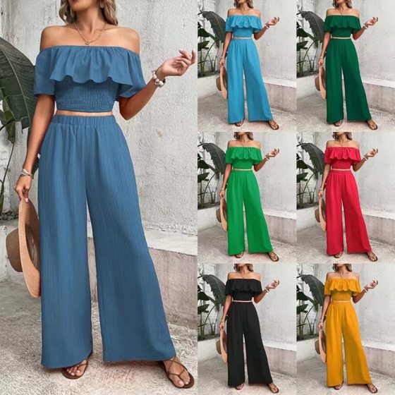 2024 Europe and the United States cross-border Amazon new casual solid color off-shoulder top tube top solid color wide leg pants