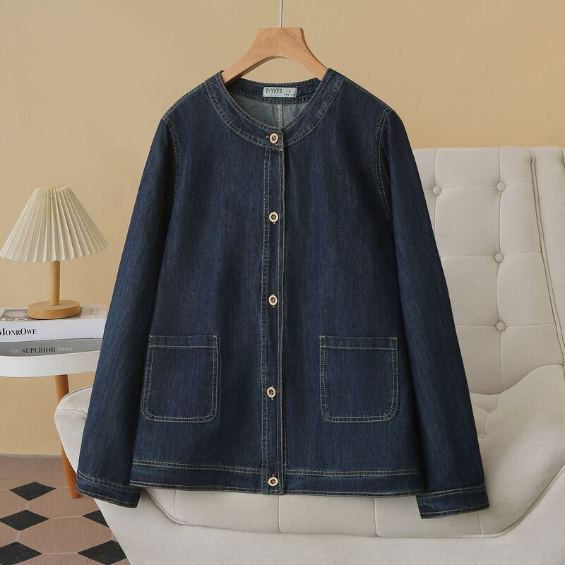 2026 Autumn Denim Shirt Plus Size Women's Round Neck Cardigan Top Slimming Jacket Simple Plus Size Coat Slimming 999